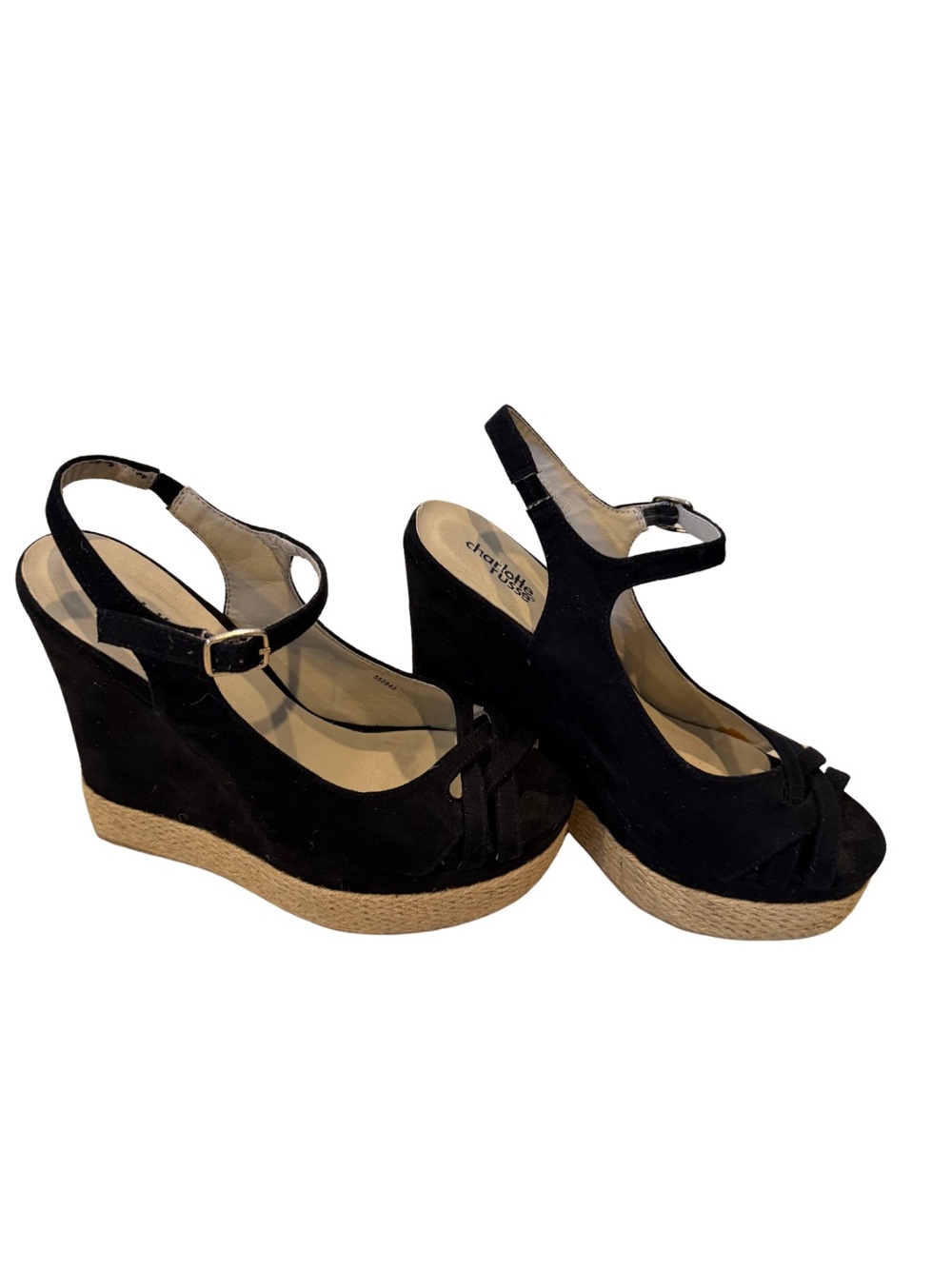 Charlotte Russe Black Suede Platform Wedge Sandals with Espadrille Trim